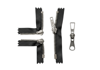 Unzipped, separated zipper components: two halves of tape with teeth and a freestanding slider, on a smooth transparent background, top-down view, isolated, precise product photography concept