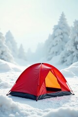 Small, red camping tent against seamless white , studio shot, white background