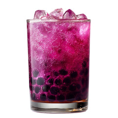 A glass filled with a green purple tea and ice cubes, the drink isolated on white transparent background