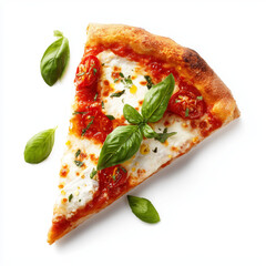 Slice of pizza Margherita with Tomato sauce, fresh mozzarella, basil ans olive oil on white background