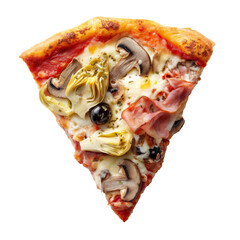 Slice of pizza Quattro Stagioni with Tomato sauce, mozzarella, artichokes, ham, mushrooms and olives isolated on white transparent background