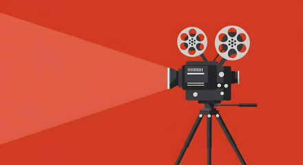 Minimalist flat illustration of a vintage film projector on a tripod, projecting a bright light beam. The projector has two circular reels with visible film holes