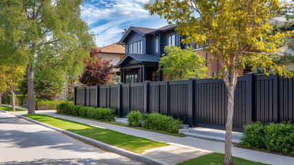 Modern house with black fence and green lawn