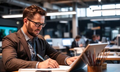 Obraz premium A focused professional in a modern office, diligently writing at his desk amidst a busy workday.