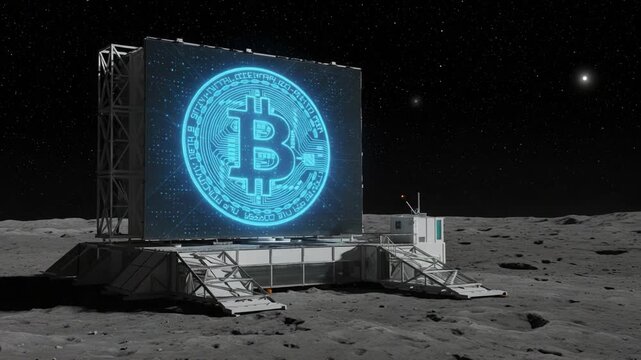 A futuristic lunar outpost features a massive digital display showcasing a glowing Bitcoin symbol, highlighting the union of space exploration and cryptocurrency innovation.