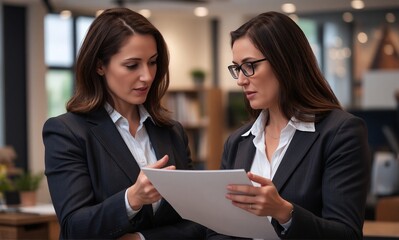 Two professional women in dark suits discuss documents, collaborating and reviewing information in a contemporary office setting.