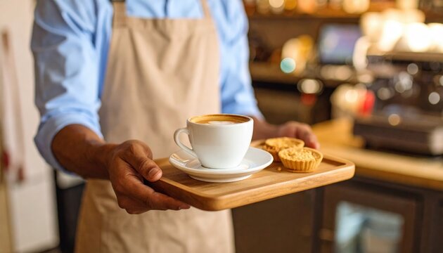 Waiter Serving Coffee And Cookies In Cafe