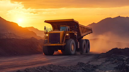 Fototapeta premium Heavy duty mining dump truck on dusty road at sunset