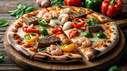 Large cheesy pizza slice topped with seafood, meats, and fresh vegetables, presented on a rustic wooden table, perfect for a quick meal.