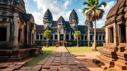 Fototapeta premium Miniature temples near an iconic ancient site in Southeast Asia