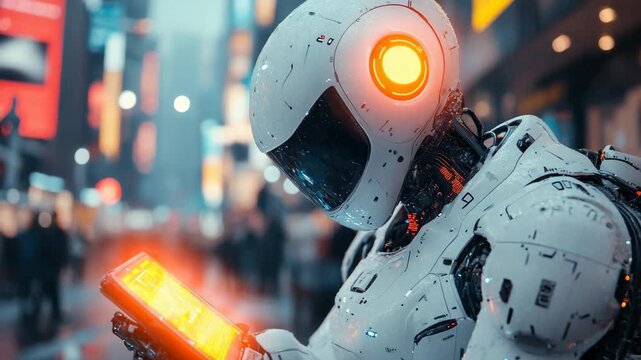 A highly advanced robot navigates through a bustling urban environment, surrounded by vibrant neon lights. It interacts with its tablet, showcasing the fusion of technology and city life.