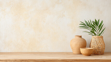 Empty wall for mockup featuring minimalist decor with natural textures and neutral tones for design displays. Empty table with a clay vase.