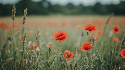 Obraz premium Red poppies blooming in a wild meadow