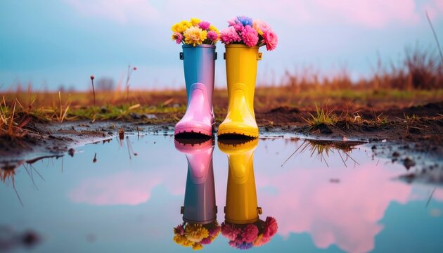 Pink and yellow rain boots filled with colorful flowers stand in a puddle with reflection water nature