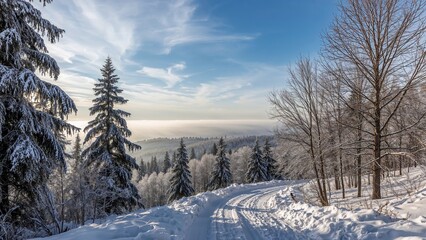 Obraz premium Sunshine illuminating a snowy forest pathway in a serene winter setting