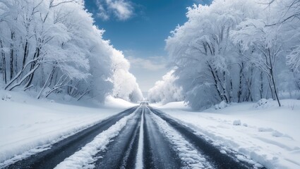 Snow-covered road featuring winter landscape and frost details