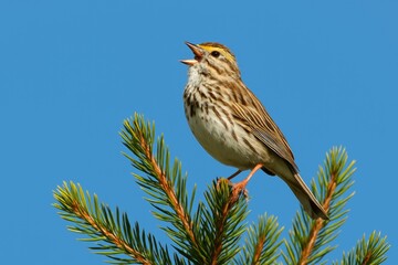 Fototapeta premium Songbird perched among pine branches in a treetop