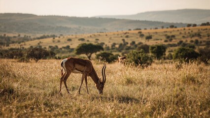 Naklejka premium Group of antelopes feeding in a wild habitat