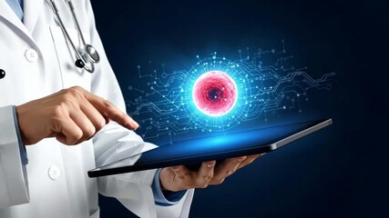 Doctor interacting with digital cell on tablet with stethoscope and white coat visible in shot - Powered by Adobe