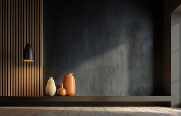 Minimalist Interior Design with Decorative Vases and Wood Accents for Modern Living Space Aesthetic