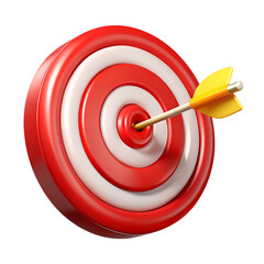 Red and white bullseye target with yellow arrow hitting the center isolated on transparent background