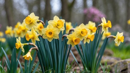 Fototapeta premium A vibrant display of daffodils in full bloom in a lush setting