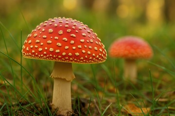 Obraz premium Mushrooms with hallucinogenic properties emerge from forest terrain, highlighting cap details