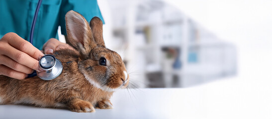 動物病院で獣医さんに聴診器を当てられているかわいいウサギ（A cute rabbit being listened to by a veterinarian with a stethoscope at a veterinary clinic）
