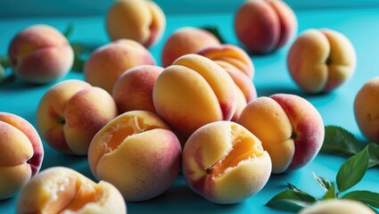 Juicy ripe peaches set against a bright turquoise background