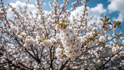Obraz premium Spring brings a burst of white cherry flowers blooming in the garden.