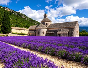 Lavender field with ancient abbey