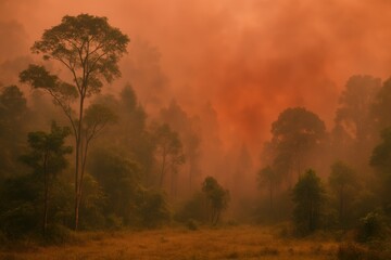 Fototapeta premium Forest fires in South Sumatra led to a thick fog blocking the view