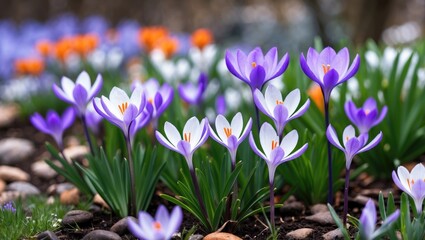 Early spring garden display with numerous purple and white crocus flowers (vertical view)