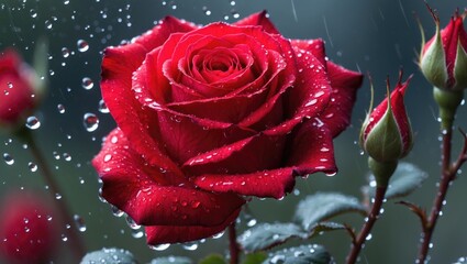 A withered scarlet rosebud covered in tiny water beads