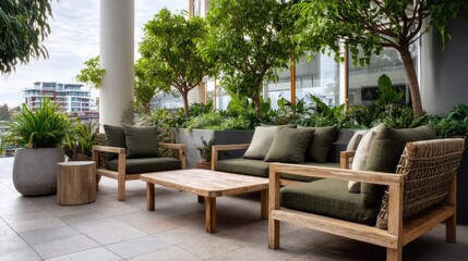 Obraz premium Realistic stock photo of 'outdoor furniture' scene using greens tones, conveying a relaxed mood, tailored for Corporate marketing teams.