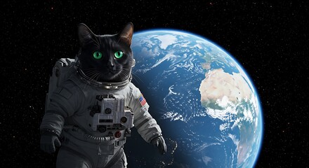 Naklejka premium Cat Astronaut Floating in Space Above Earth Captivating Surreal Scene