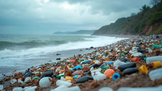 Polluted beach during a cloudy day featuring various plastic items scattered across sand. Polluted beach during a cloudy day evokes dramatic and emotionally charged feelings.