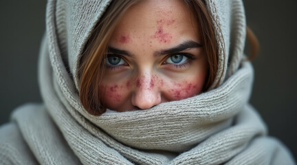 Fototapeta premium Dermatitis concept ,Emotional portrait of woman hiding eczema with scarf, showcasing vulnerability and strength
