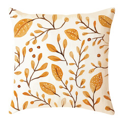Fototapeta premium Decorative Pillow with Autumnal Leaf and Branch Pattern in Warm Tones