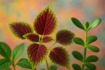 Obraz premium Close-up of lush indoor plant leaves with a colorful textured background