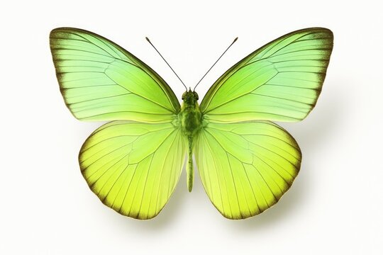 Graceful light green butterfly soaring with colorful details against a white background with soft shadow