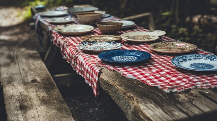 Rustic picnic table with checkered cloth and mismatched vintage plates