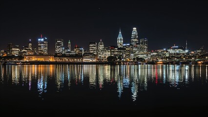 Fototapeta premium Night view of a metropolitan skyline by a river with shimmering water reflections