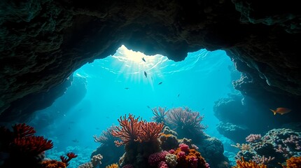 Stunning underwater cave reveals vibrant coral reefs bathed in sunbeams, schools of fish swim through crystal clear blue ocean