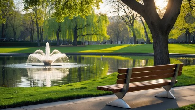 Stylish outdoor bench situated in a scenic park setting with a fountain and vibrant spring foliage, surrounded by tall trees and a calm water body reflecting the morning sky.