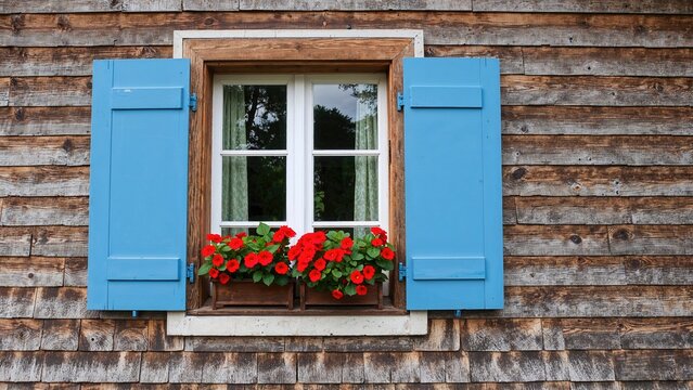 Old country home window adorned with vibrant red flowers and blue shutters - Powered by Adobe