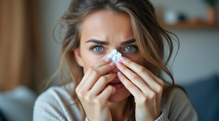 Rhinitis concept ,woman holding antihistamine pills, covering nose, looking concerned and anxious