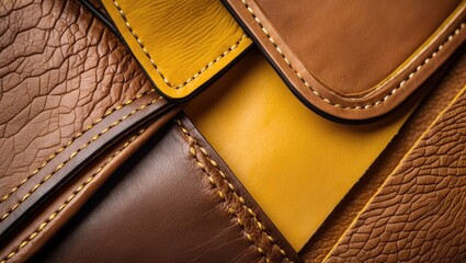 Detailed view of genuine leather with a focus on a yellow-brown accessory fragment