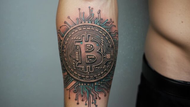 A Stunning Bitcoin Tattoo Design Featuring Intricate Circuit Patterns Illustrating the Fusion of Cryptocurrency and Body Art on an Arm