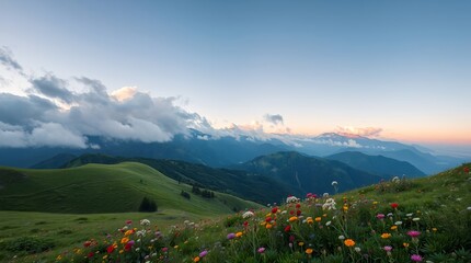 Vibrant alpine meadow bursting with colorful wildflowers at sunrise, majestic mountains under a soft sky